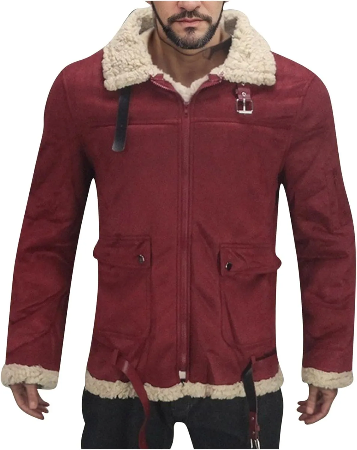 Men's Winter Warm Bomber Coat Faux Leather Sherpa Fleece Lined Jackets Heavyweight Suede Full Zipper Trench-Coat