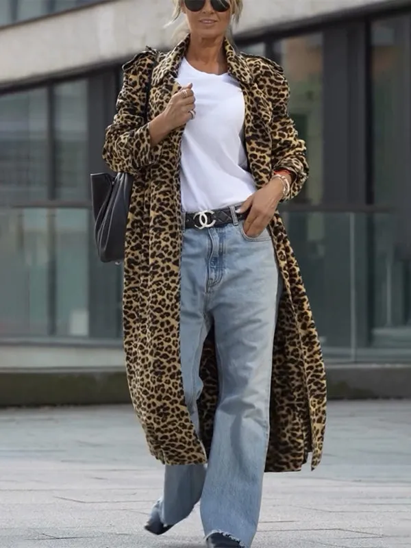 New Leopard Print Lapel Trench Coat Loose Casual Long Sleeve Women's Jacket