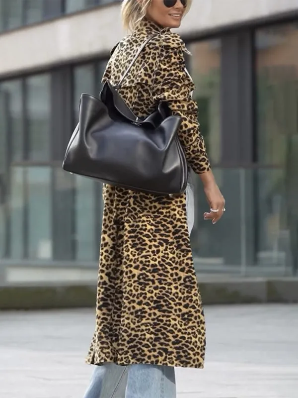 New Leopard Print Lapel Trench Coat Loose Casual Long Sleeve Women's Jacket