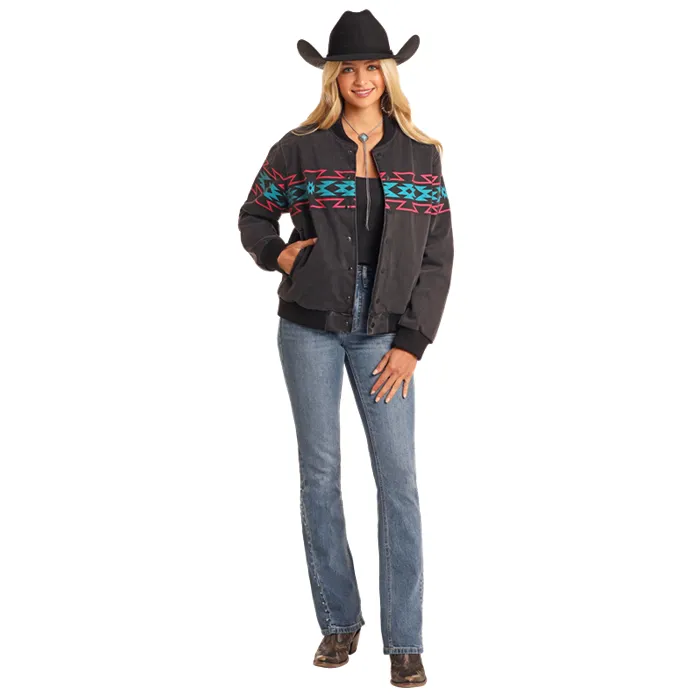 Panhandle Ladies Border Print Black Bomber Jacket BW92D05347