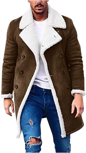 QWENTMTNTY Mens Sherpa Jacket Winter Vintage Faux Fur Notch Collar Shearling Trench Coat Thicken Winter Coats with Pockets