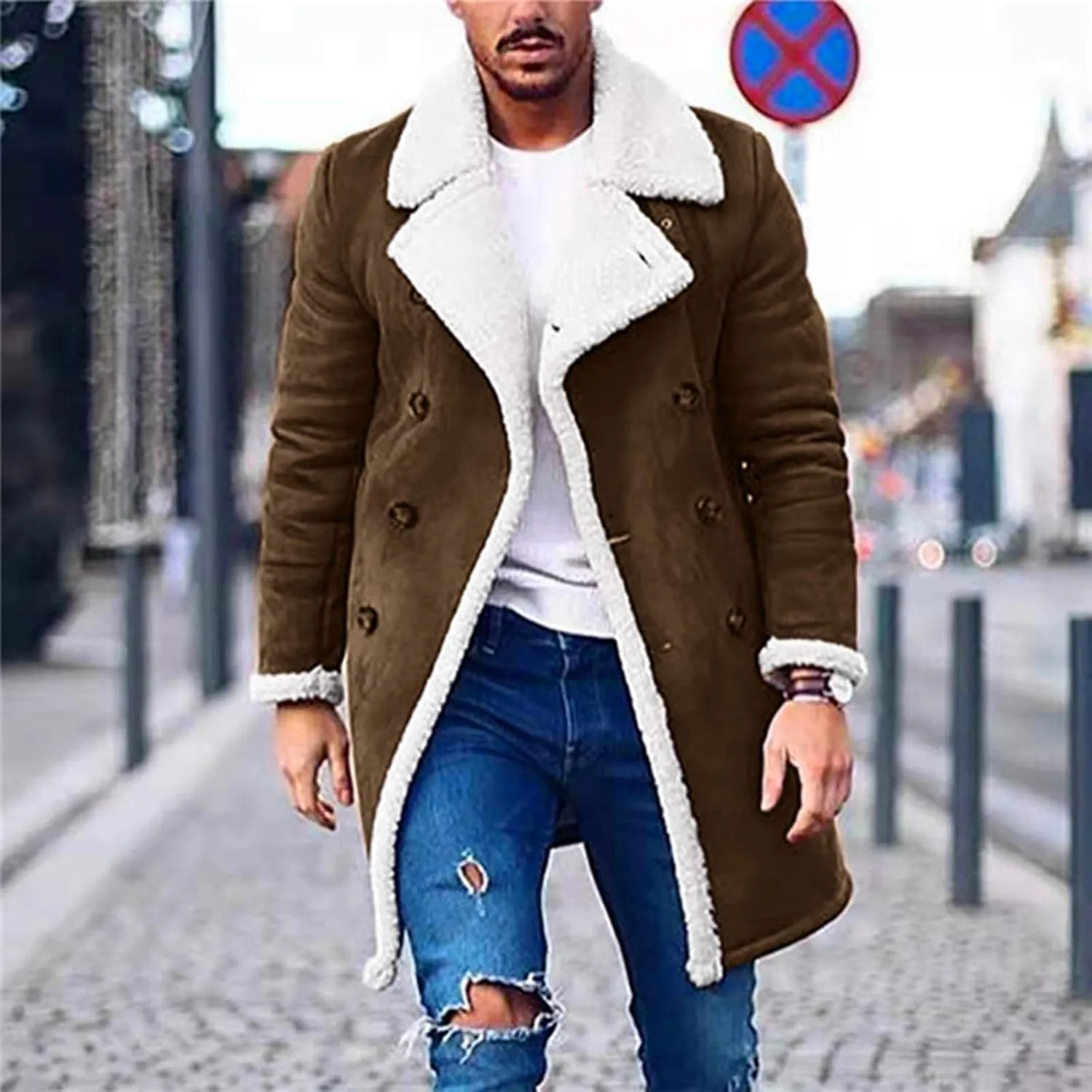 QWENTMTNTY Mens Sherpa Jacket Winter Vintage Faux Fur Notch Collar Shearling Trench Coat Thicken Winter Coats with Pockets