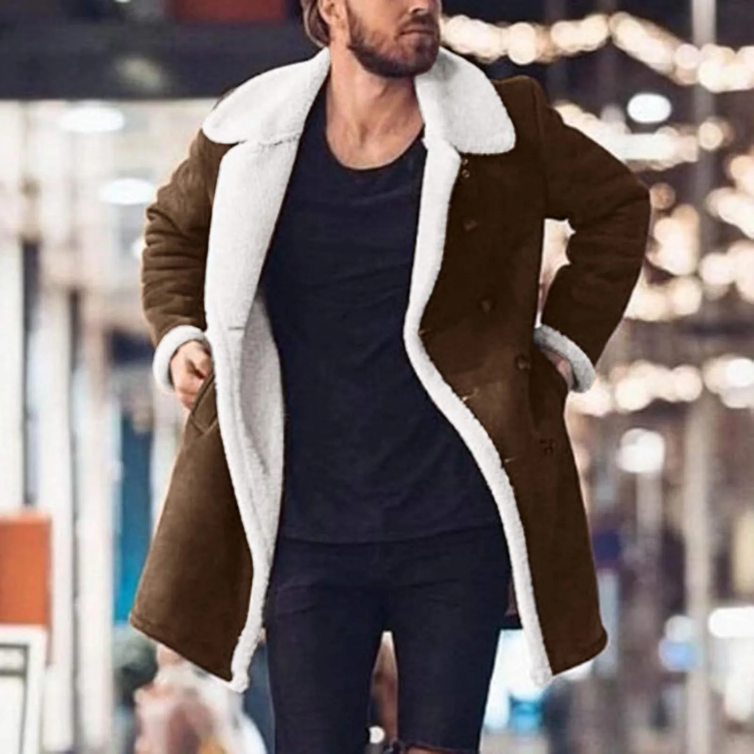 QWENTMTNTY Mens Sherpa Jacket Winter Vintage Faux Fur Notch Collar Shearling Trench Coat Thicken Winter Coats with Pockets