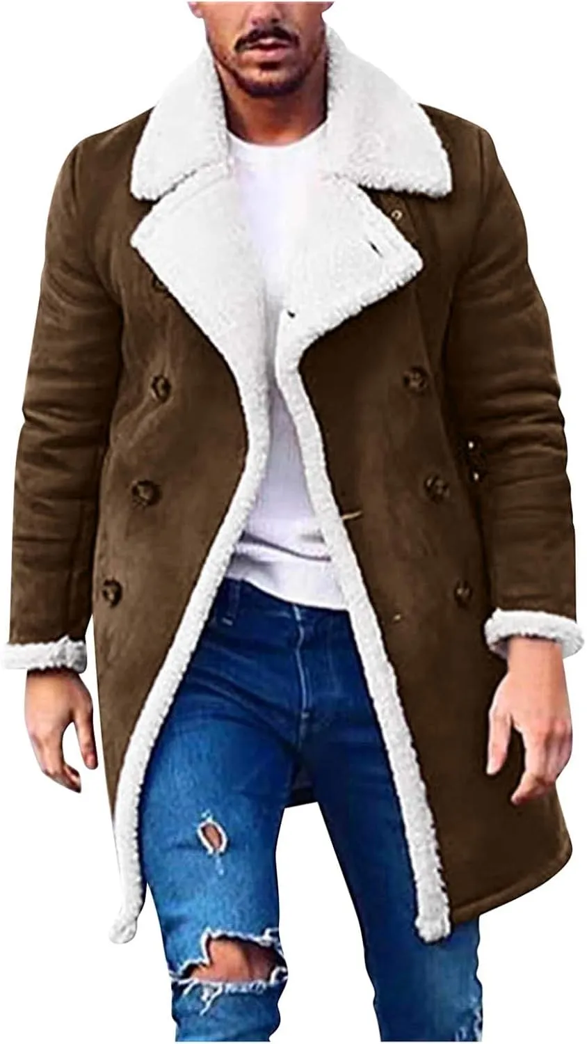 QWENTMTNTY Mens Sherpa Jacket Winter Vintage Faux Fur Notch Collar Shearling Trench Coat Thicken Winter Coats with Pockets