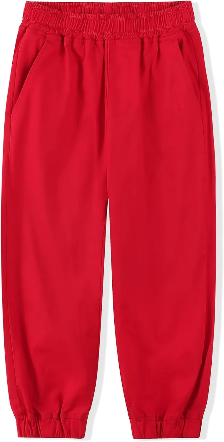Spring&Gege Boys Jogger Pants Cotton Twill Drawstring Elastic Waist Jogging School Pants
