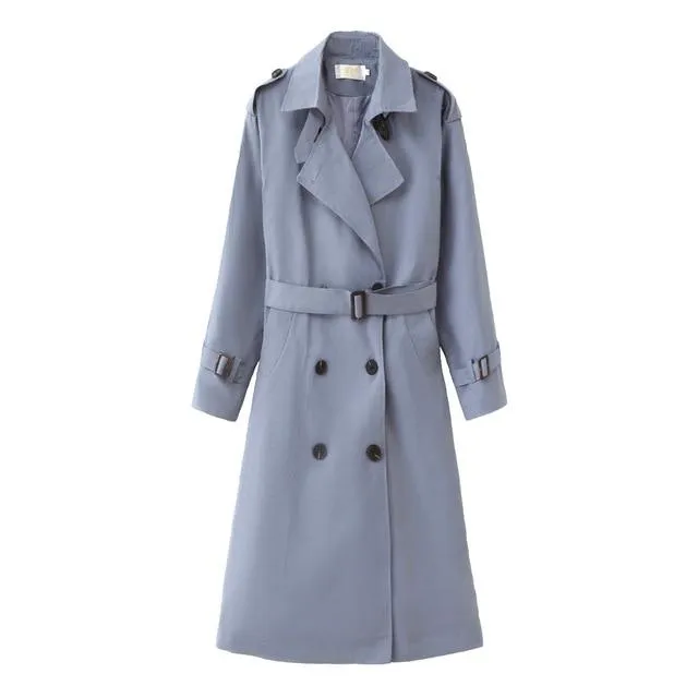 Trench Coat Long Double-Breasted Belt Blue Khaki Lady