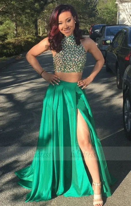Two Piece Prom Dress - High Neck Sleeveless Sweep Train Beading