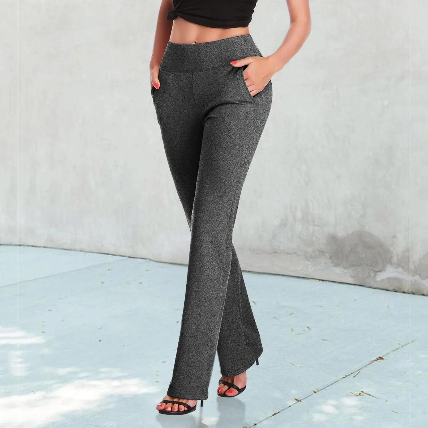 Women Straight Leg Yoga Dress Pants Stretch Bootcut Yoga Trousers Tummy Control Bootleg Pants with Pockets
