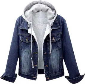 Women's Sherpa Denim Jacket Hooded Fleece Lined Winter Coats Fashion Boyfriend Trucker Jean Jacket with Pocket