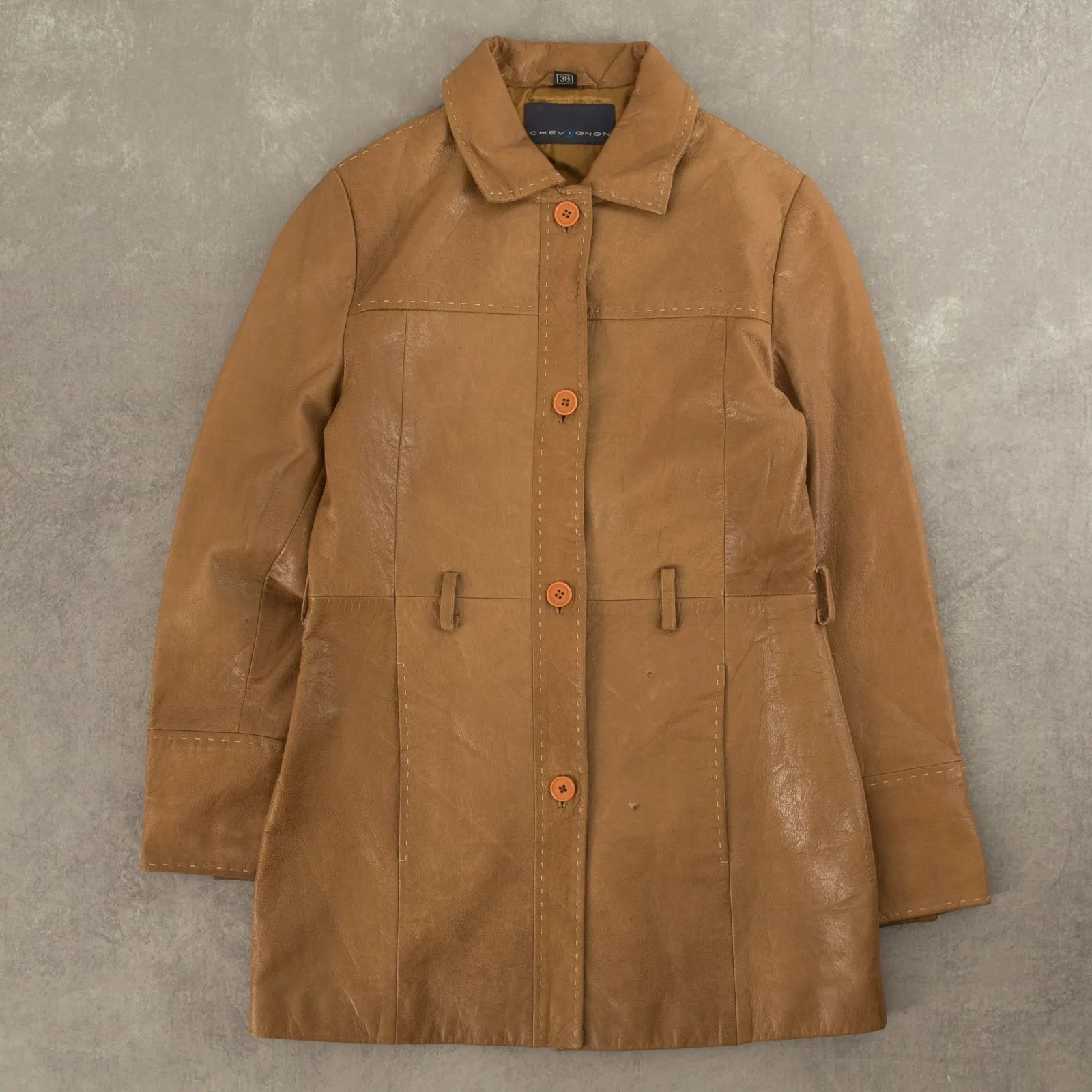 WOMEN'S VINTAGE 1990S CHEVIGNON STITCH LEATHER TRENCH JACKET - MEDIUM