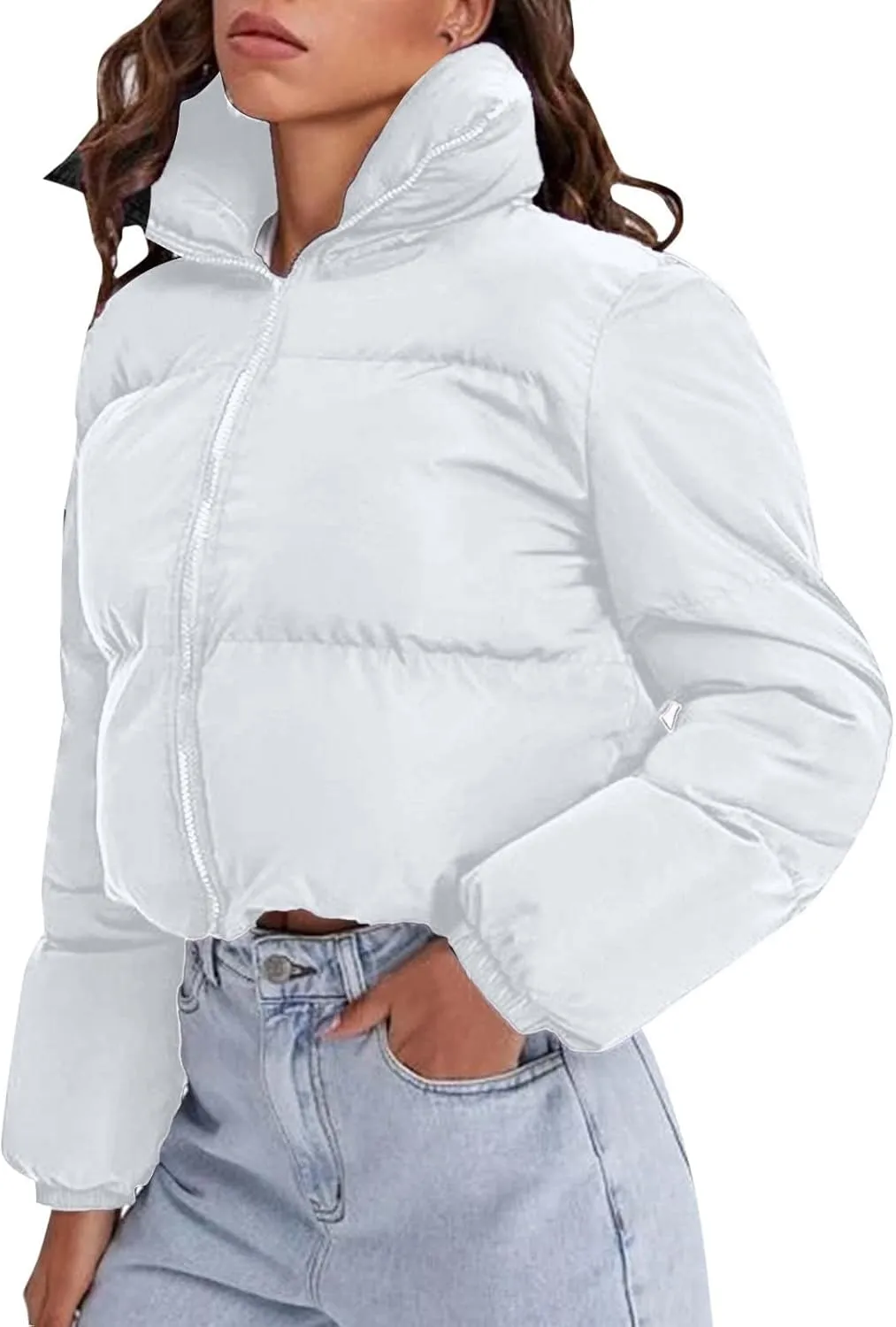 Women's Winter Oversized Cropped Puffer Jacket Long Sleeve Zip Up Short Down Coat Stand Collar Baggy Overcoat