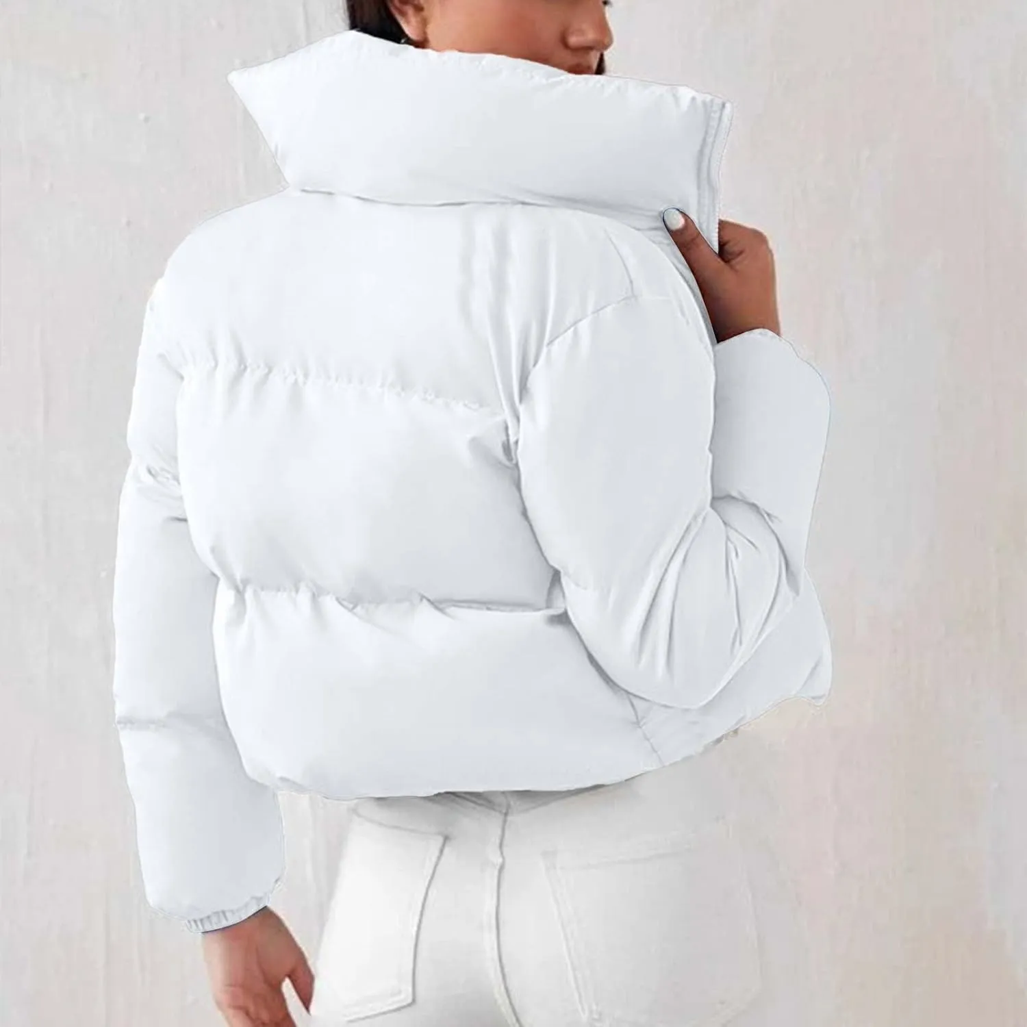 Women's Winter Oversized Cropped Puffer Jacket Long Sleeve Zip Up Short Down Coat Stand Collar Baggy Overcoat