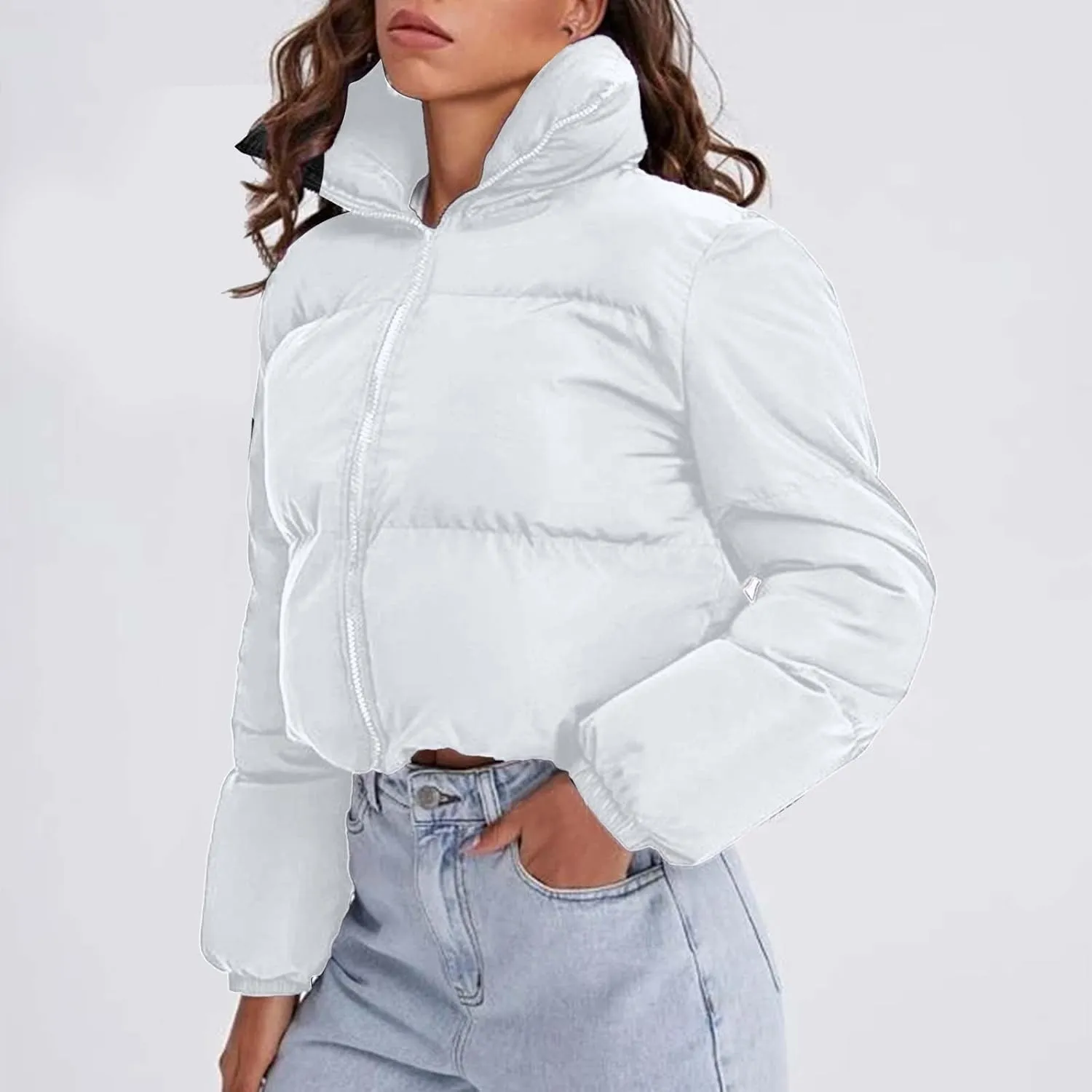 Women's Winter Oversized Cropped Puffer Jacket Long Sleeve Zip Up Short Down Coat Stand Collar Baggy Overcoat